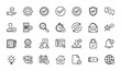© PixeloAI - Verification and approval line icon set. Vector pictograms of check mark, badge, shield, document, user, phone, gear, lock, calendar and box. Thin outline illustration.
