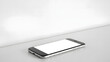 © Violga - Smartphone lying on a reflective surface with a blank white screen, ready for customization or branding
