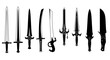 © Dieke - A diverse collection of ancient and fantasy swords, presented as clean black vector silhouettes and outlines, isolated on a white background.