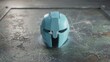 © AFFANYUDA - Futuristic light blue helmet sits on a textured metal ground