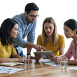 © Creative Vector - Diverse group of four professionals collaborating around a table using a tablet computer isolated on transparent background