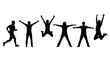© S.Siam - Black silhouette illustration of six human figures in expressive poses like running, jumping, and standing with raised arms – ideal for motion design, energy concepts, and physical activity visuals.