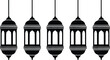 © Mokarrm Art - Five black Islamic lanterns hanging in a row on white background Ramadan celebration
