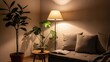 © Cleopatra - Cozy evening reading nook with soft sofa, scatter cushions, floor lamp and two lush potted plants, warm ambient light casting gentle shadows for a relaxing intimate modern living room corner