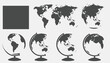 © Bella - Gray world map & globe icons. Square outline. Different views of continents and globe on white background
