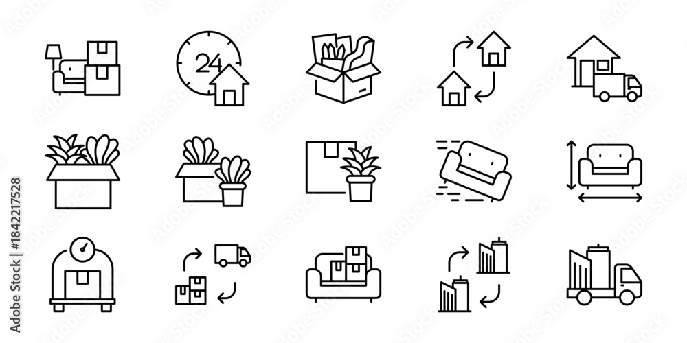 Moving and relocation services icons boxes, furniture, truck, and house ...