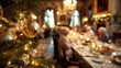 © Jinhao - Foreground of beautifully decorated Christmas tree with golden ornaments and family at elegant holiday dinner table. Warm, festive atmosphere with blurred background figures