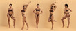 © Anastasiya - Set of portraits of young black woman in brown underwear on beige background. Showcases body toning, healthy curves, fitness progress, weightloss journey and modern beauty care themes