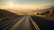 © Hot - mountain road sunrise, light haze, empty clean landscape, subtle colors, calm horizon