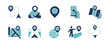 © elmantastic - Map location global navigator icon set. Gps pinpoint navigation destination route guide, marker, direction, target arrow, trip, compass, geo location navigate pointer signs vector illustration