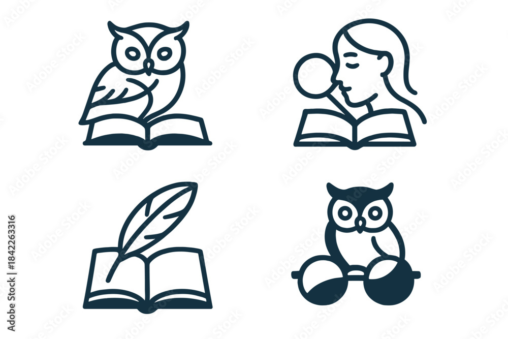 Wisdom in Symbols. Icons for: wisdom tying bird, book, and lens, quiet ...