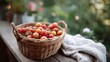 © CYBERPINK - Basket of fresh tomatoes on a wooden table. the basket is made of woven straw and has a handle on top. the tomatoes are red and orange in color and appear to be ripe and ready to eat.