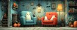 © Georgii - Cartoon style living room decorated for Halloween with ghosts and pumpkins, cozy and whimsical scene