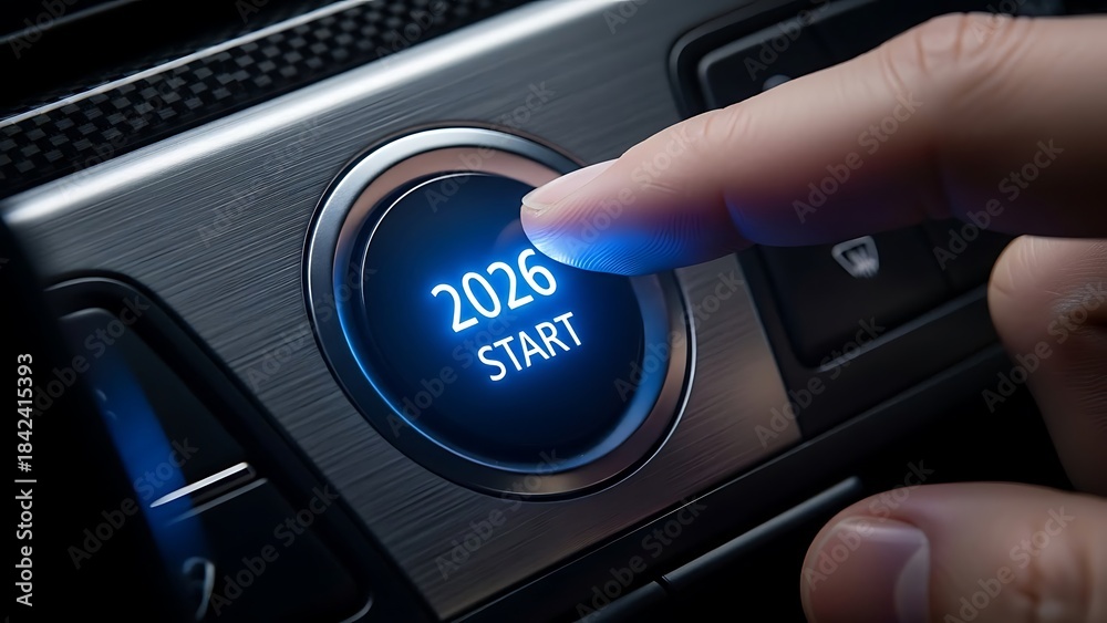 Finger Start Button Finger pressing a glowing blue start button with the year 2026 ...