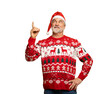 © opolja - Merry mature man wear knitted christmas sweater Santa hat presenting something on transparent background. New year shopping idea concept. New Year 2026 Christmas