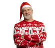 © opolja - Merry satisfied smiling mature man wear knitted christmas sweater Santa hat posing on isolated transparent background. Happy New Year 2026 celebration holiday concept