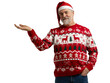 © opolja - Merry mature man wear knitted christmas sweater Santa hat presenting something on transparent background. New year shopping idea concept. New Year 2026 Christmas