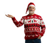 © opolja - Merry mature man wear knitted christmas sweater Santa hat presenting something on transparent background. New year shopping idea concept. New Year 2026 Christmas