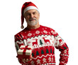 © opolja - Merry mature man wear red warm knitted sweater Santa hat holding present box isolated on transparent background New Year 2026 holiday concept