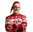 © opolja - Merry satisfied smiling mature man wear knitted christmas sweater Santa hat posing on isolated transparent background. Happy New Year 2026 celebration holiday concept