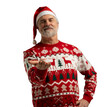 © opolja - Merry mature man wear red warm knitted sweater Santa hat holding present box isolated on transparent background New Year 2026 holiday concept