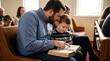 © PhotoGranary - Loving father reading the Bible to his young son during a church service. Christian faith concept symbolizing family values, teaching and spiritual parenting.