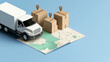 © photo for everything - Stylized 3D rendering of a delivery truck and packages on a map, ideal for shipping or logistics themes. Shows efficiency and geographic reach in a modern and conceptual design.