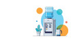 © Ariyan - A modern flat illustration of an office water cooler with a plant and cups, set against abstract colorful circles and providing ample copy space for text.