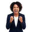 © Aurora Aesthetics - African American business woman angry screaming waist up isolated white background png transparent cutout female shouting fury stress mad aggressive conflict corporate emotion studio shot person