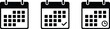 © V Stock - A group of three simple, modern black-and-white icons representing a calendar for scheduling events, with one showing a checkmark and another a clock symbol.