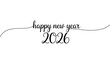 © Mushtaq - Minimal elegant happy new year 2026 typography design with clean black script lettering and decorative line flourish on a white background for festive greetings