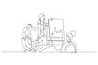 © onetime - Single one line drawing three women in business meeting setting. One woman is giving presentation next to flip chart with an upward trend graph. Continuous line draw design graphic vector illustration