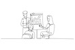 © onetime - Single one line drawing three colleagues in business presentation reviewing flip chart with upward trend bar graph. Successful financial growth. Continuous line draw design graphic vector illustration