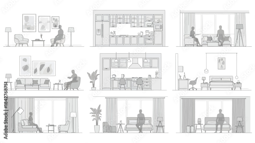 Set of detailed architectural line drawings featuring various interior ...