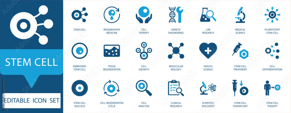Stem Cell Editable Icon Set. Vectors for regenerative medicine, cell ...