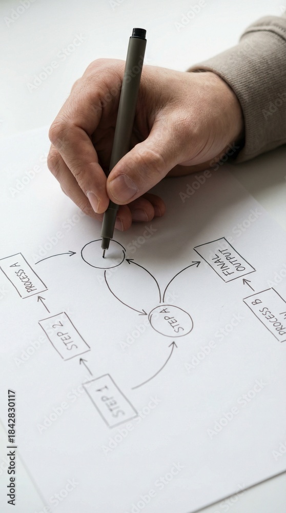 Hand draws flowchart diagram on white paper detailing process steps and ...