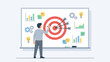 © Rafel - Business goal setting strategy. Man drawing target arrows on whiteboard. Corporate success planning. Achievement vision. Marketing bullseye. Performance graph. Leadership idea.