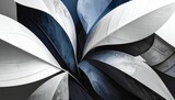 抽象画 幾何学模様 立体 モノクロ 白黒 青 紺 曲線 波 スパイラル 花びら 葉 渦巻き メタリック 高級感 デザイン 構成 対比 スタイリッシュ 現代アート