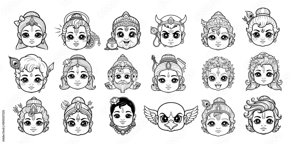 Big collection of cute Hindu gods and goddesses avatars Chibi cartoon ...