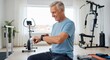 © Margarita Ratatosk - Senior man checking smartwatch for health metrics during home workout. Elderly male monitoring fitness progress and heart rate, staying active.