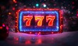© VictoriaEmerson - Slot machine reels showing winning lucky sevens glowing in neon lights on a snowy surface with festive decorations