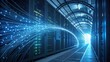 © ศาศวัต ธีรเศรษฐบดี - Blue-lit data center with glowing fiber optic cables transferring high-speed data, representing modern networking, bandwidth, and cloud computing.