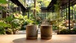 © M - Two ceramic drinking vessels rest upon a sunlit wooden surface with a lush outdoor garden space beyond