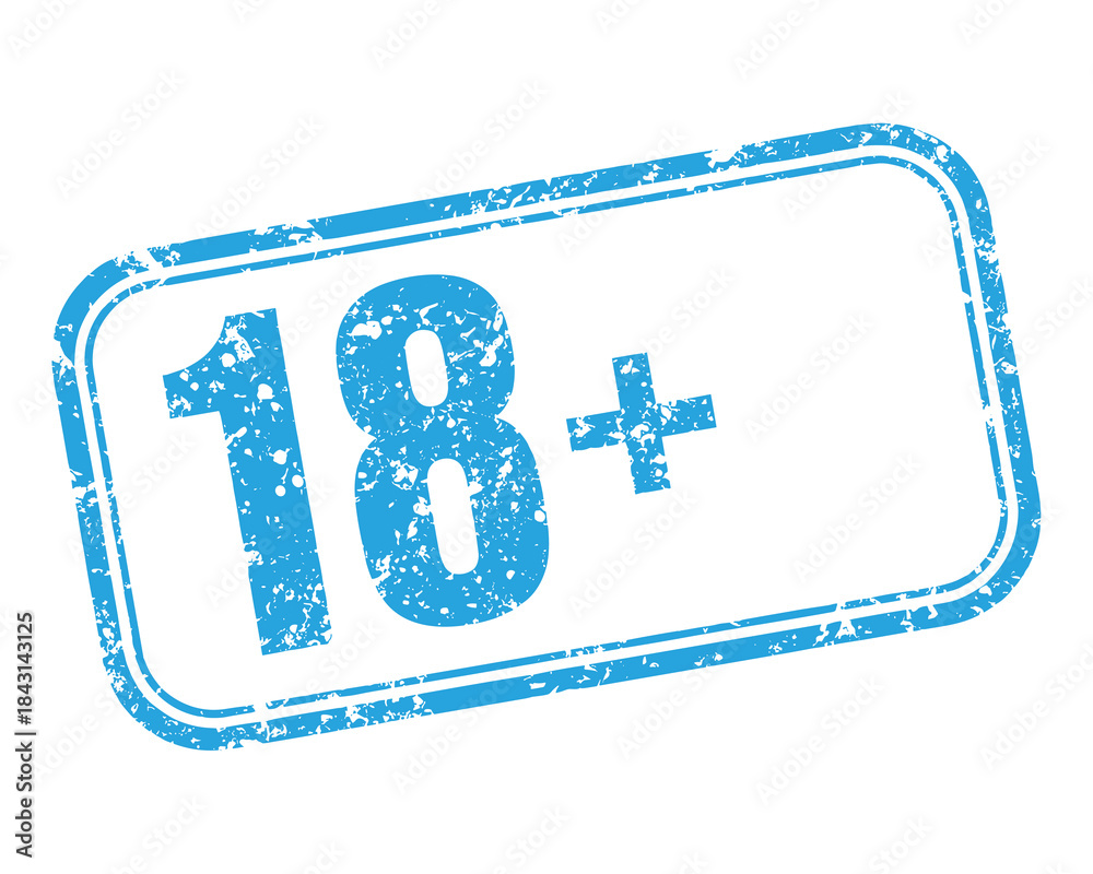 Bold 18+ age restriction stamp symbol indicating adult content warning ...