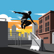 © Lexi - Parkour athlete leaping over barrier in urban rooftop setting