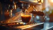 © Yoso - Espresso machine brewing coffee into a clear glass cup, steam visible