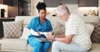 © SnapK/peopleimages.com - Medicine box, senior man and nurse in home for medical prescription, dose and drugs for remedy. Medication, caregiver and talk with person in retirement for healthcare advice, schedule and treatment