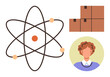 © robu_s - Atomic model connected to education and science, brown stacked boxes for logistics, and human profile for persona or identity. Ideal for physics, science, supply chain, packaging, human resources