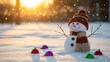 © gusti - Smiling Snowman in Winter Wonderland with Christmas Ornaments and Golden Sunset.
