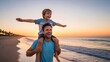 © Jauzan - Father and son laughing together on a beach, a joyful moment, enjoying the sunset, togetherness,